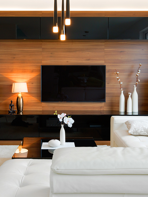 luxury living room with wooden walls